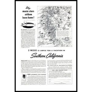 1940 Southern California Vacation Tourism Vintage Print Ad Cartoon Map Wall Art